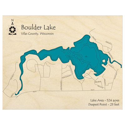 Bathymetric topo map of Boulder Lake, WI with roads, towns and depths noted in blue water.