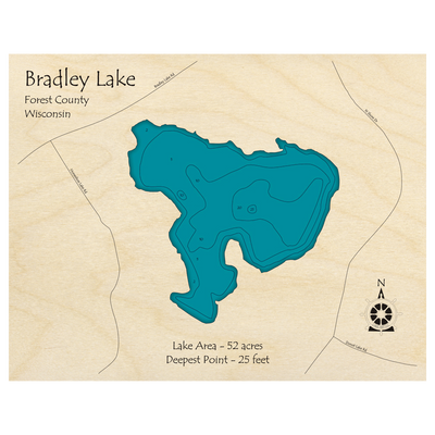 Bathymetric topo map of Bradley Lake, WI with roads, towns and depths noted in blue water.