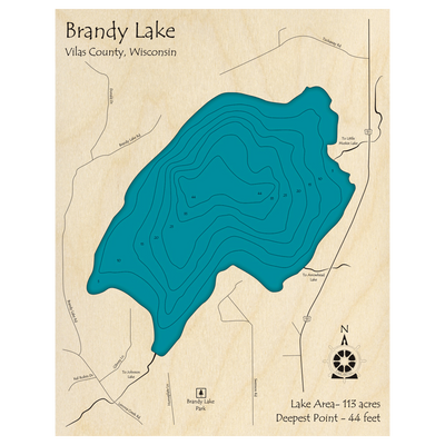 Bathymetric topo map of Brandy Lake, WI with roads, towns and depths noted in blue water.