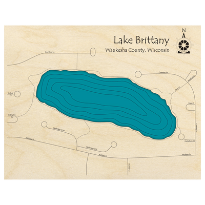 Bathymetric topo map of Lake Brittany, WI with roads, towns and depths noted in blue water.