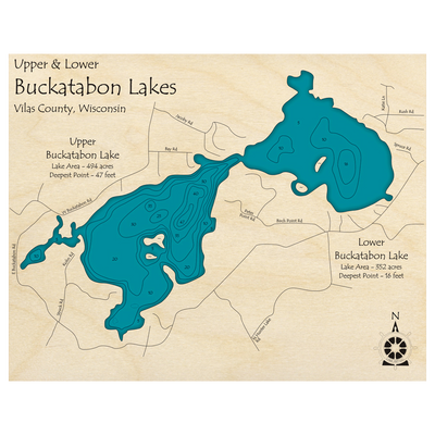 Bathymetric topo map of Upper and Lower Buckatabon Lakes, WI with roads, towns and depths noted in blue water.