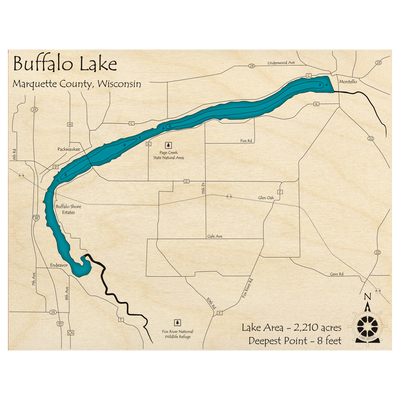 Bathymetric topo map of Buffalo Lake, WI with roads, towns and depths noted in blue water.