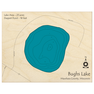 Bathymetric topo map of Bughs Lake, WI with roads, towns and depths noted in blue water.
