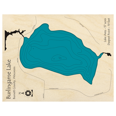 Bathymetric topo map of Burlingame Lake, WI with roads, towns and depths noted in blue water.