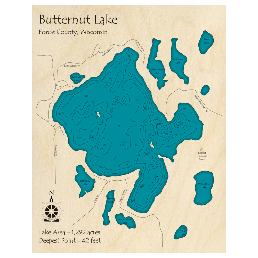 Bathymetric topo map of Butternut Lake, WI with roads, towns and depths noted in blue water.