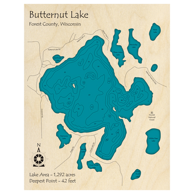 Bathymetric topo map of Butternut Lake, WI with roads, towns and depths noted in blue water.
