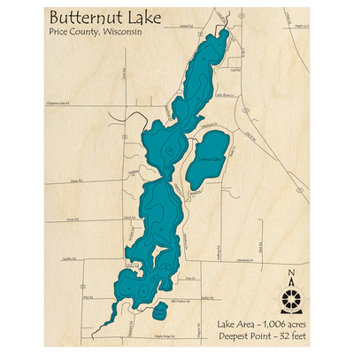 Bathymetric topo map of Butternut Lake, WI with roads, towns and depths noted in blue water.