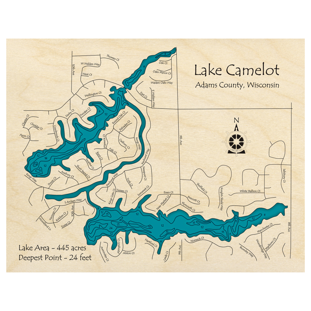 Bathymetric topo map of Lake Camelot, WI with roads, towns and depths noted in blue water.