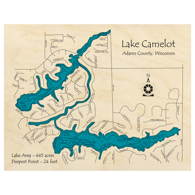 Bathymetric topo map of Lake Camelot, WI with roads, towns and depths noted in blue water.