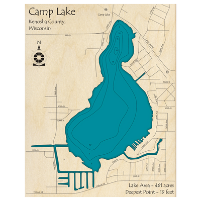 Bathymetric topo map of Camp Lake, WI with roads, towns and depths noted in blue water.
