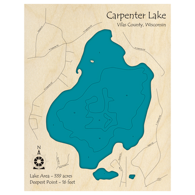 Bathymetric topo map of Carpenter Lake, WI with roads, towns and depths noted in blue water.