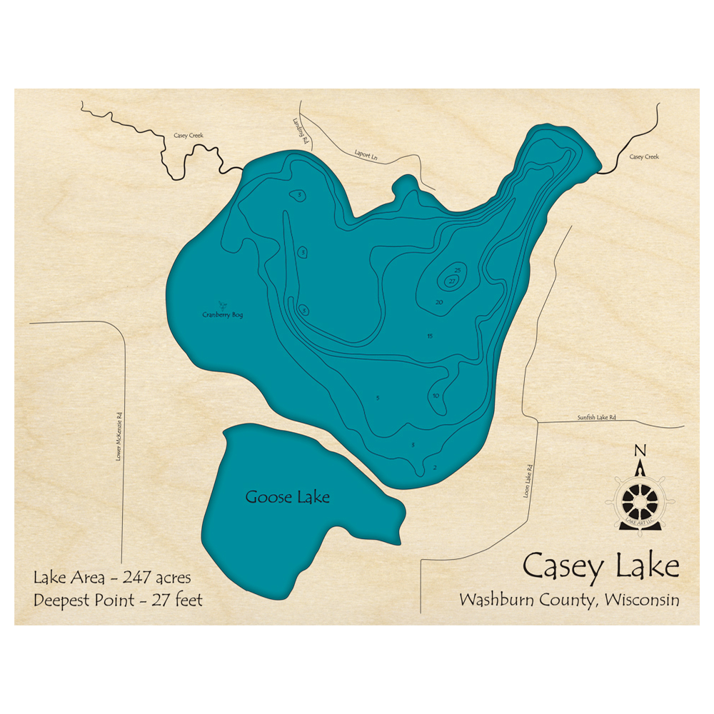 Bathymetric topo map of Casey Lake, WI with roads, towns and depths noted in blue water.