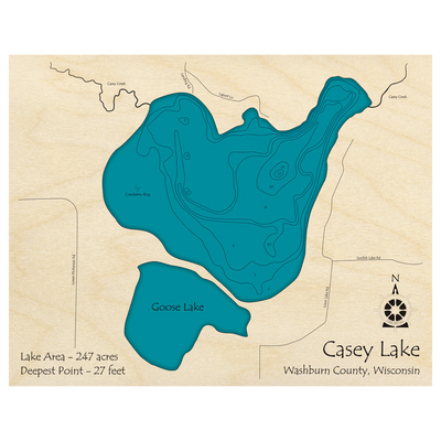 Bathymetric topo map of Casey Lake, WI with roads, towns and depths noted in blue water.