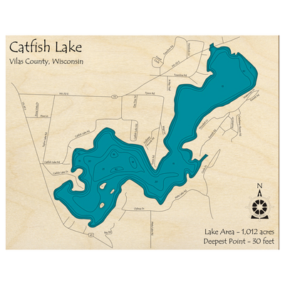 Bathymetric topo map of Catfish Lake, WI with roads, towns and depths noted in blue water.