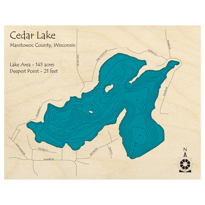Bathymetric topo map of Cedar Lake, WI with roads, towns and depths noted in blue water.