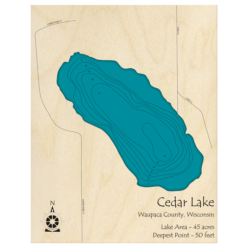 Bathymetric topo map of Cedar Lake, WI with roads, towns and depths noted in blue water.