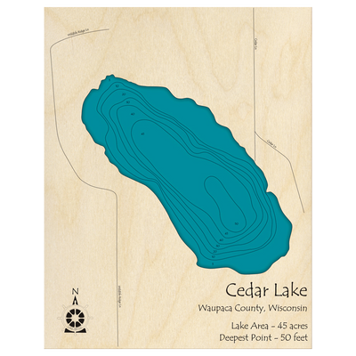 Bathymetric topo map of Cedar Lake, WI with roads, towns and depths noted in blue water.