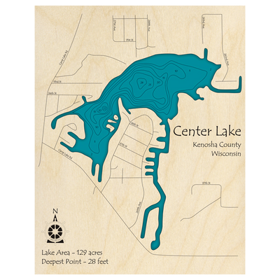 Bathymetric topo map of Center Lake, WI with roads, towns and depths noted in blue water.