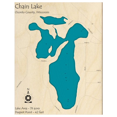 Bathymetric topo map of Chain Lake, WI with roads, towns and depths noted in blue water.