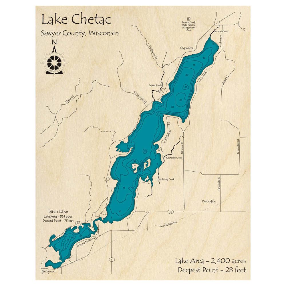 Bathymetric topo map of Lake Chetac, WI with roads, towns and depths noted in blue water.