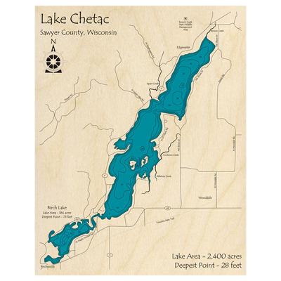 Bathymetric topo map of Lake Chetac, WI with roads, towns and depths noted in blue water.