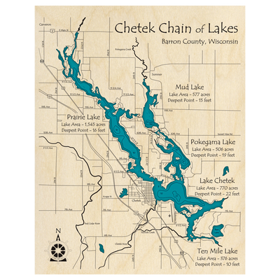 Bathymetric topo map of Lake Chetek Chain of Lakes, WI with roads, towns and depths noted in blue water.