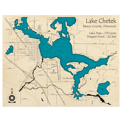 Bathymetric topo map of Lake Chetek, WI with roads, towns and depths noted in blue water.