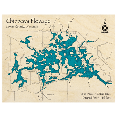 Bathymetric topo map of Chippewa Flowage, WI with roads, towns and depths noted in blue water.