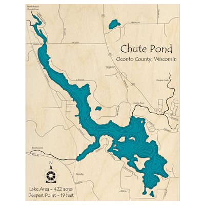 Bathymetric topo map of Chute Pond, WI with roads, towns and depths noted in blue water.