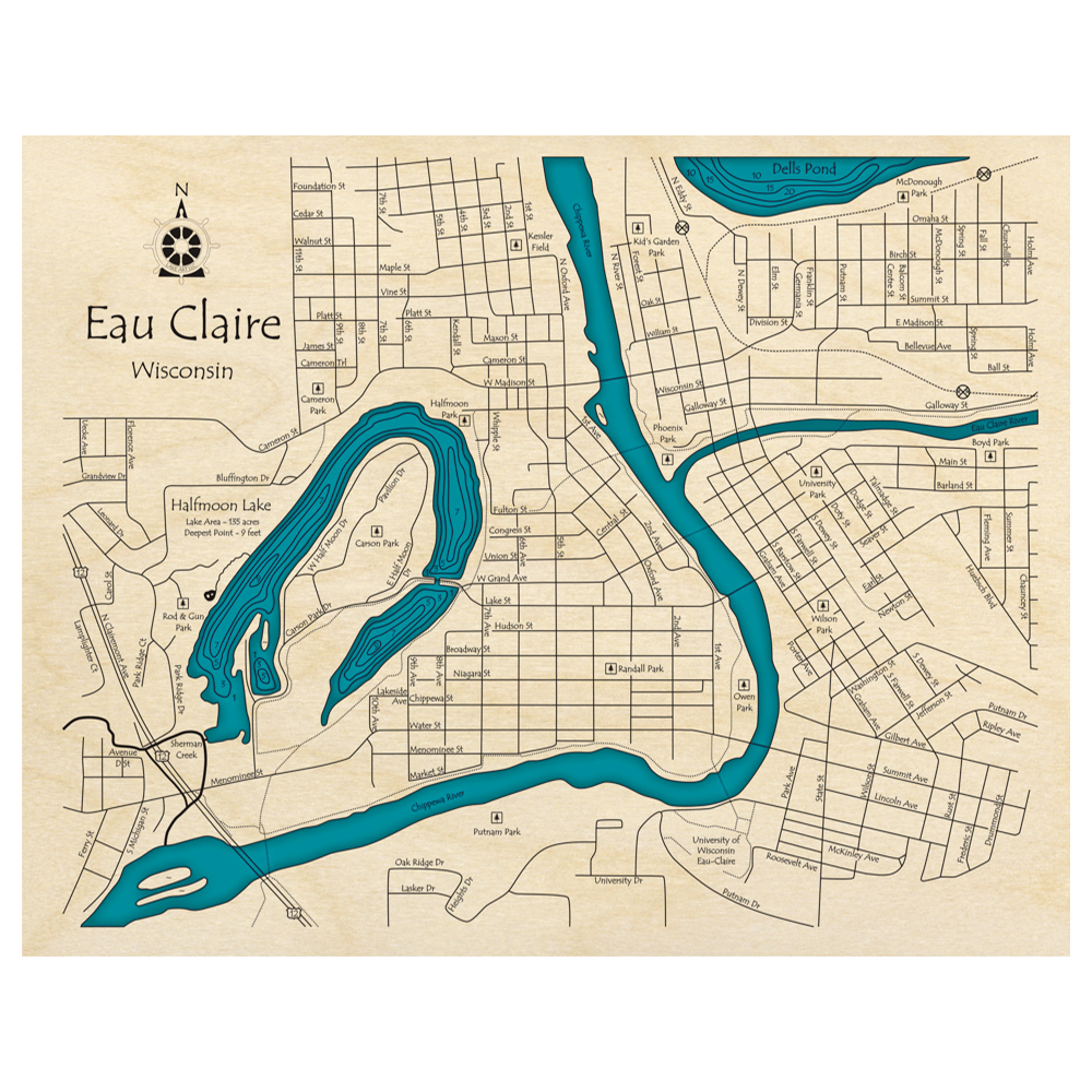 Bathymetric topo map of City of Eau Claire, WI with roads, towns and depths noted in blue water.
