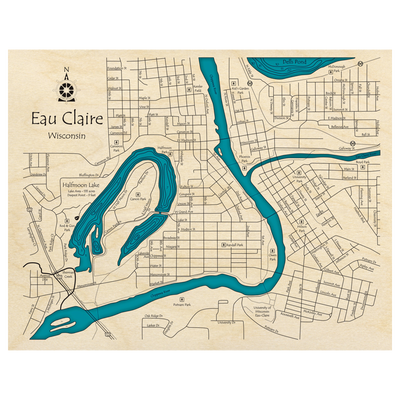 Bathymetric topo map of City of Eau Claire, WI with roads, towns and depths noted in blue water.