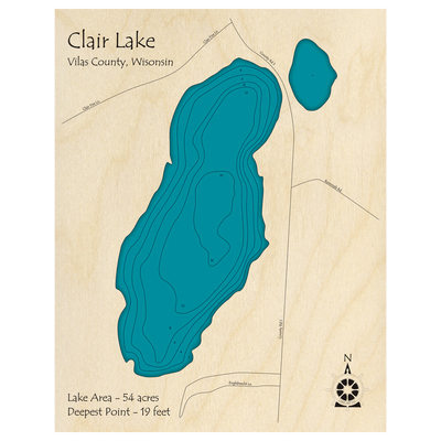 Bathymetric topo map of Clair Lake, WI with roads, towns and depths noted in blue water.