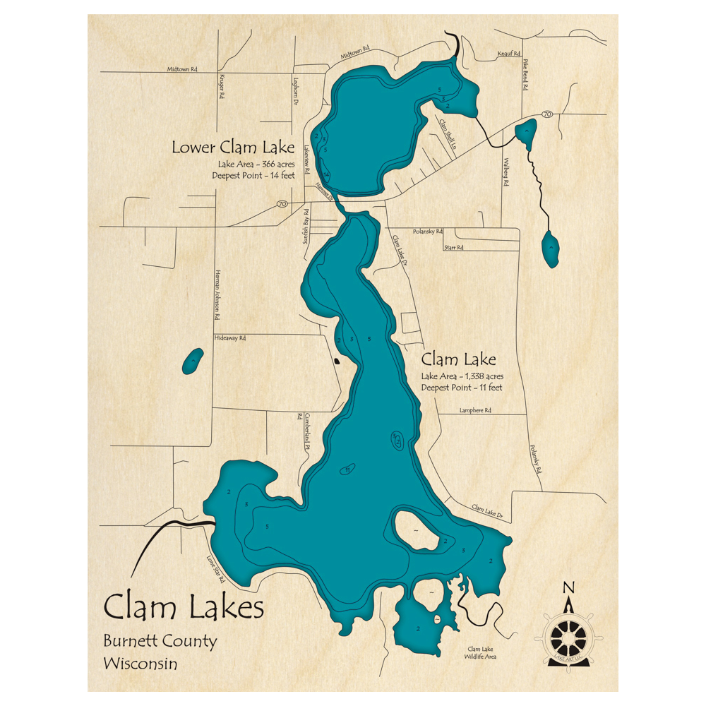 Bathymetric topo map of Clam Lakes, WI with roads, towns and depths noted in blue water.