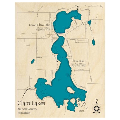 Bathymetric topo map of Clam Lakes, WI with roads, towns and depths noted in blue water.