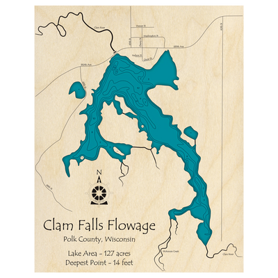 Bathymetric topo map of Clam Falls Flowage, WI with roads, towns and depths noted in blue water.