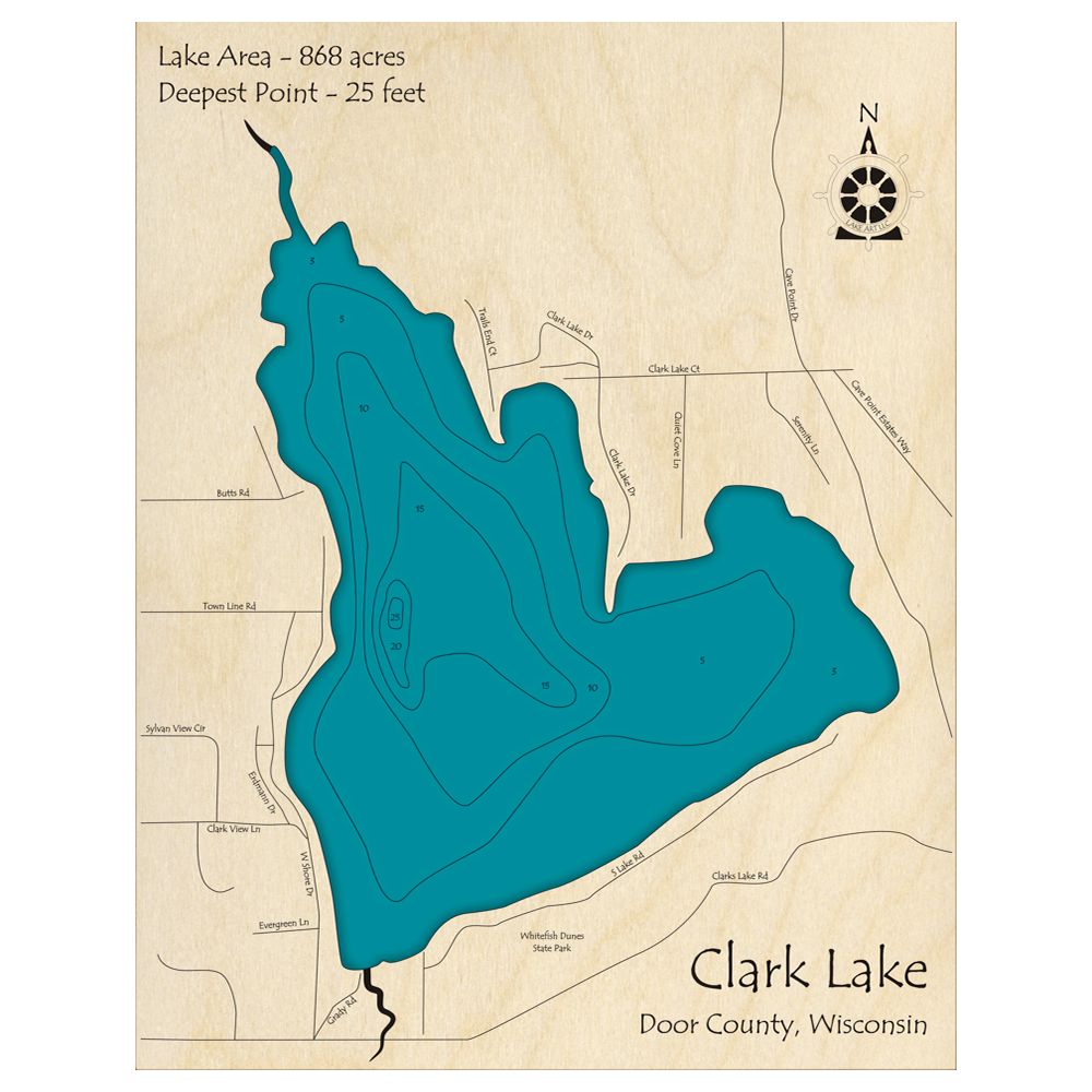 Bathymetric topo map of Clark Lake, WI with roads, towns and depths noted in blue water.