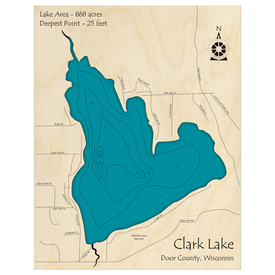 Bathymetric topo map of Clark Lake, WI with roads, towns and depths noted in blue water.