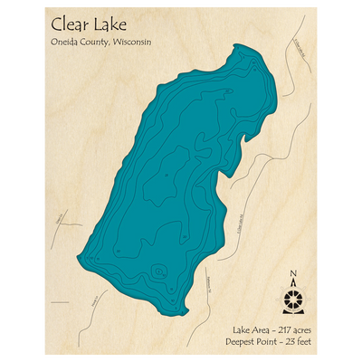 Bathymetric topo map of Clear Lake, WI with roads, towns and depths noted in blue water.