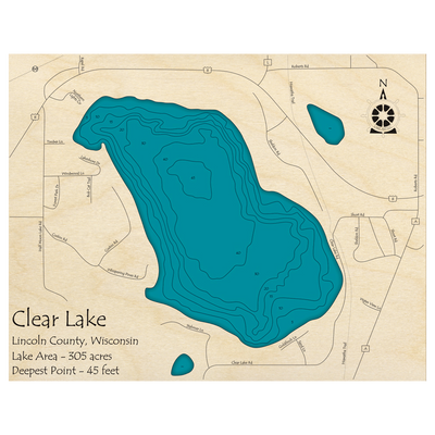 Bathymetric topo map of Clear Lake, WI with roads, towns and depths noted in blue water.