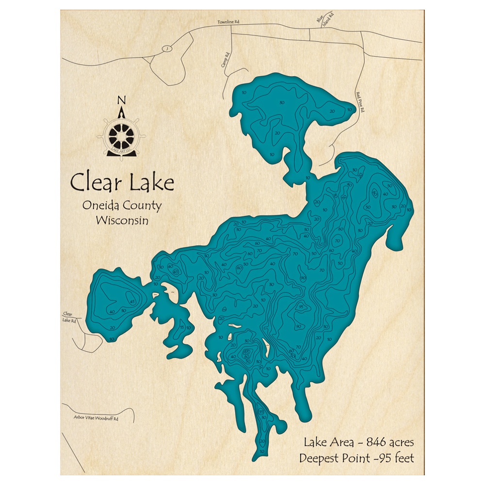 Bathymetric topo map of Clear Lake, WI with roads, towns and depths noted in blue water.