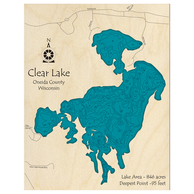 Bathymetric topo map of Clear Lake, WI with roads, towns and depths noted in blue water.