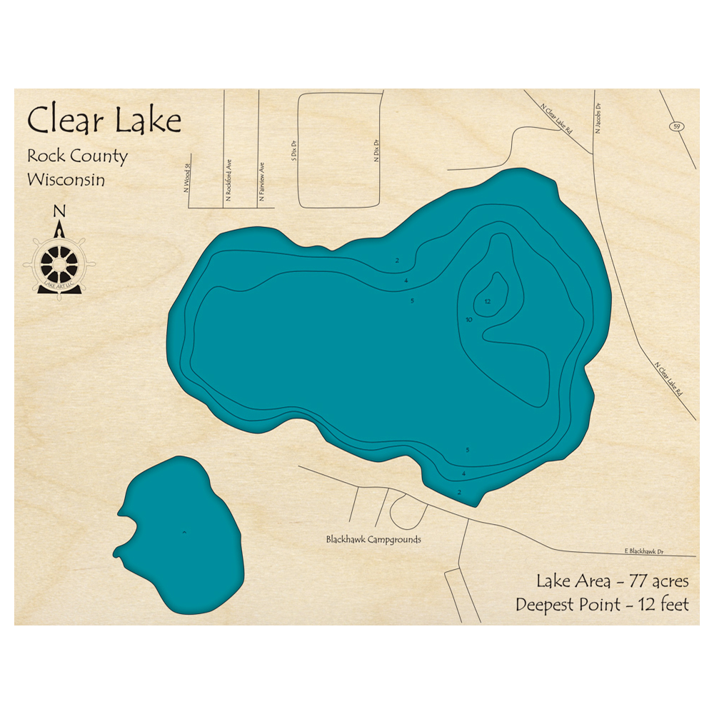 Bathymetric topo map of Clear Lake, WI with roads, towns and depths noted in blue water.