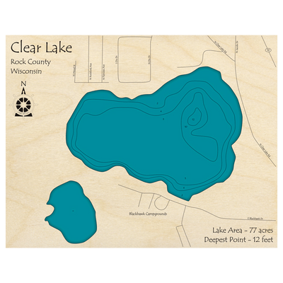 Bathymetric topo map of Clear Lake, WI with roads, towns and depths noted in blue water.
