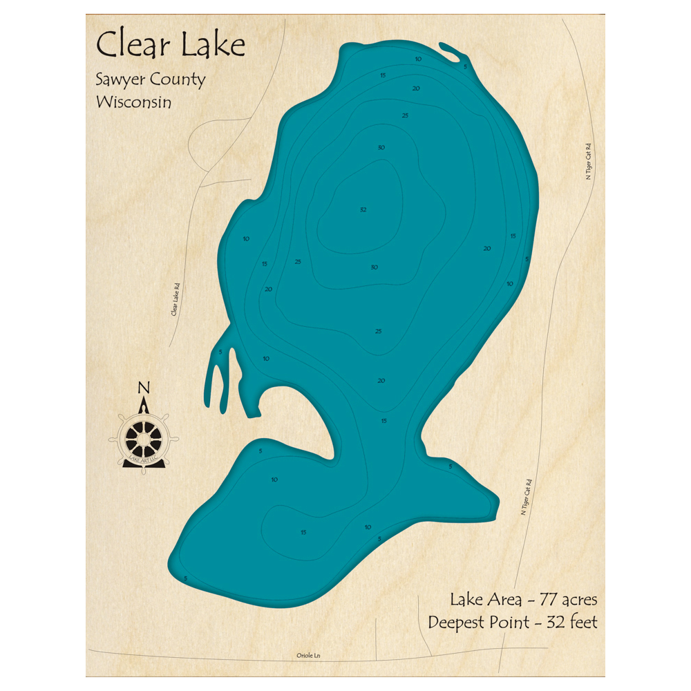 Bathymetric topo map of Clear Lake, WI with roads, towns and depths noted in blue water.