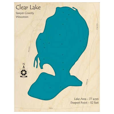 Bathymetric topo map of Clear Lake, WI with roads, towns and depths noted in blue water.