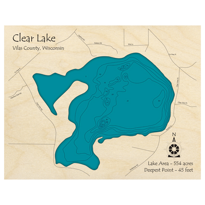 Bathymetric topo map of Clear Lake, WI with roads, towns and depths noted in blue water.