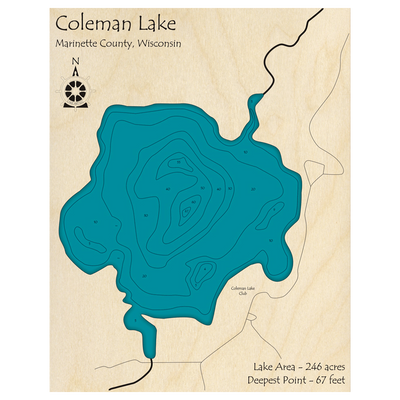 Bathymetric topo map of Coleman Lake, WI with roads, towns and depths noted in blue water.