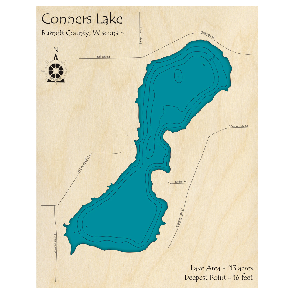Connors Point Wi Conners Lake, Wisconsin 3D Custom Wood Map – Lake Art LLC