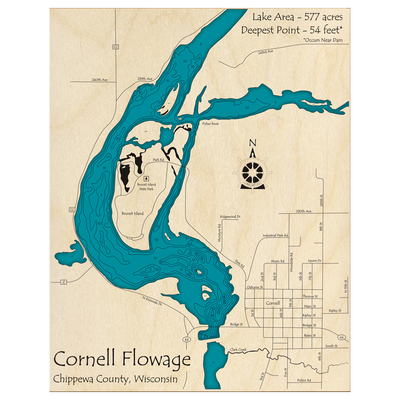 Bathymetric topo map of Cornell Flowage, WI with roads, towns and depths noted in blue water.