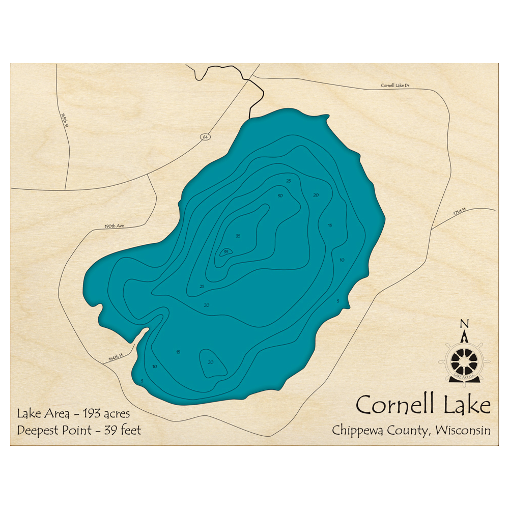 Bathymetric topo map of Cornell Lake, WI with roads, towns and depths noted in blue water.